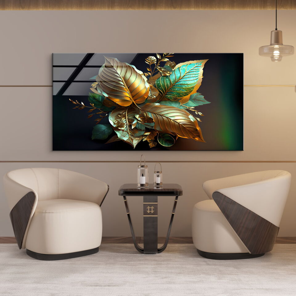 Altın ve Zümrüt Renkli Yaprak Tasarımlı 3D Etkili Modern Cam Tablo | CF0689