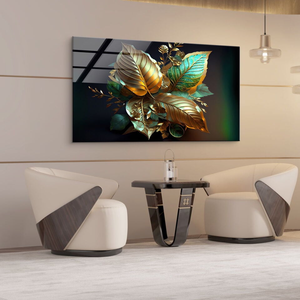 Altın ve Zümrüt Renkli Yaprak Tasarımlı 3D Etkili Modern Cam Tablo | CF0689