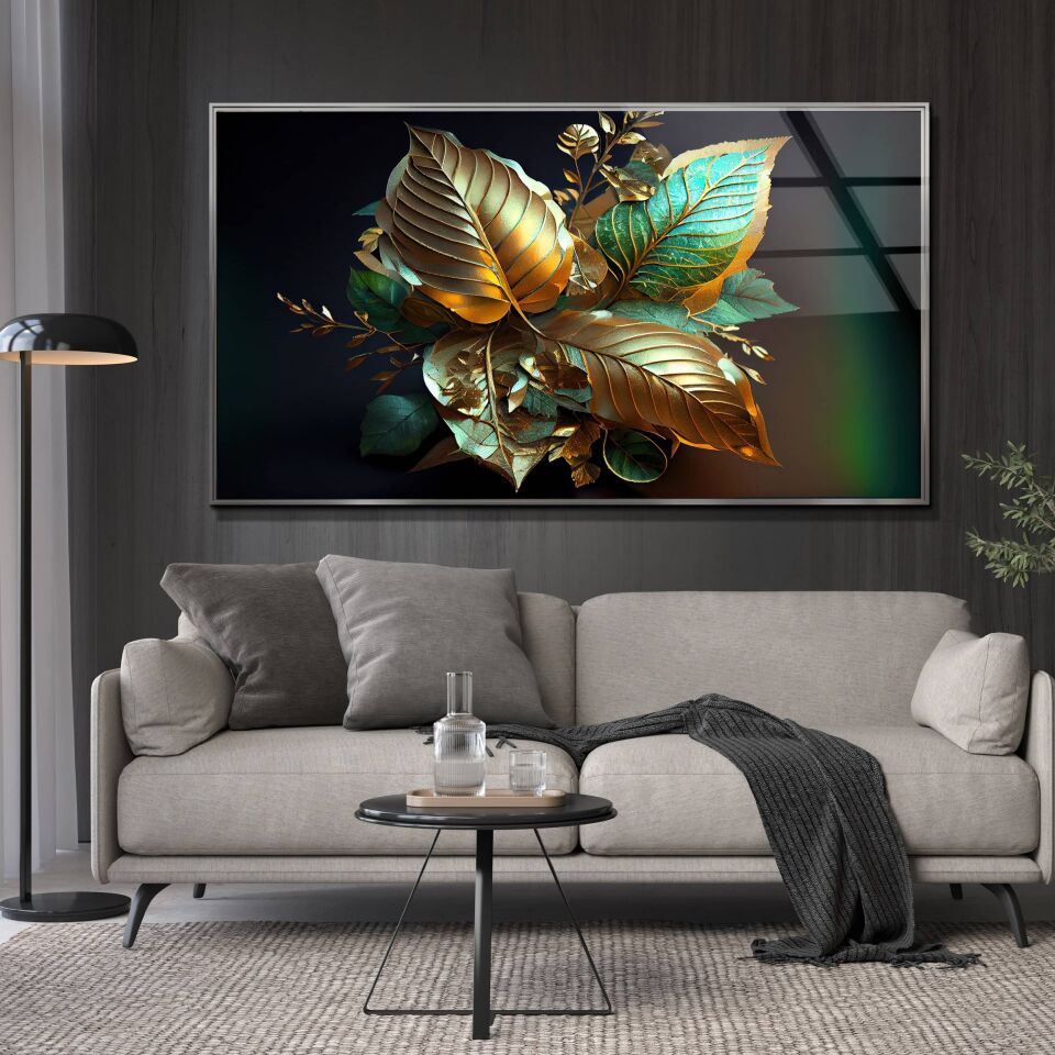 Altın ve Zümrüt Renkli Yaprak Tasarımlı 3D Etkili Modern Cam Tablo | CF0689