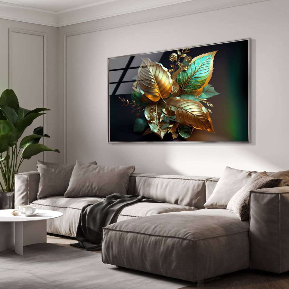Altın ve Zümrüt Renkli Yaprak Tasarımlı 3D Etkili Modern Cam Tablo | CF0689