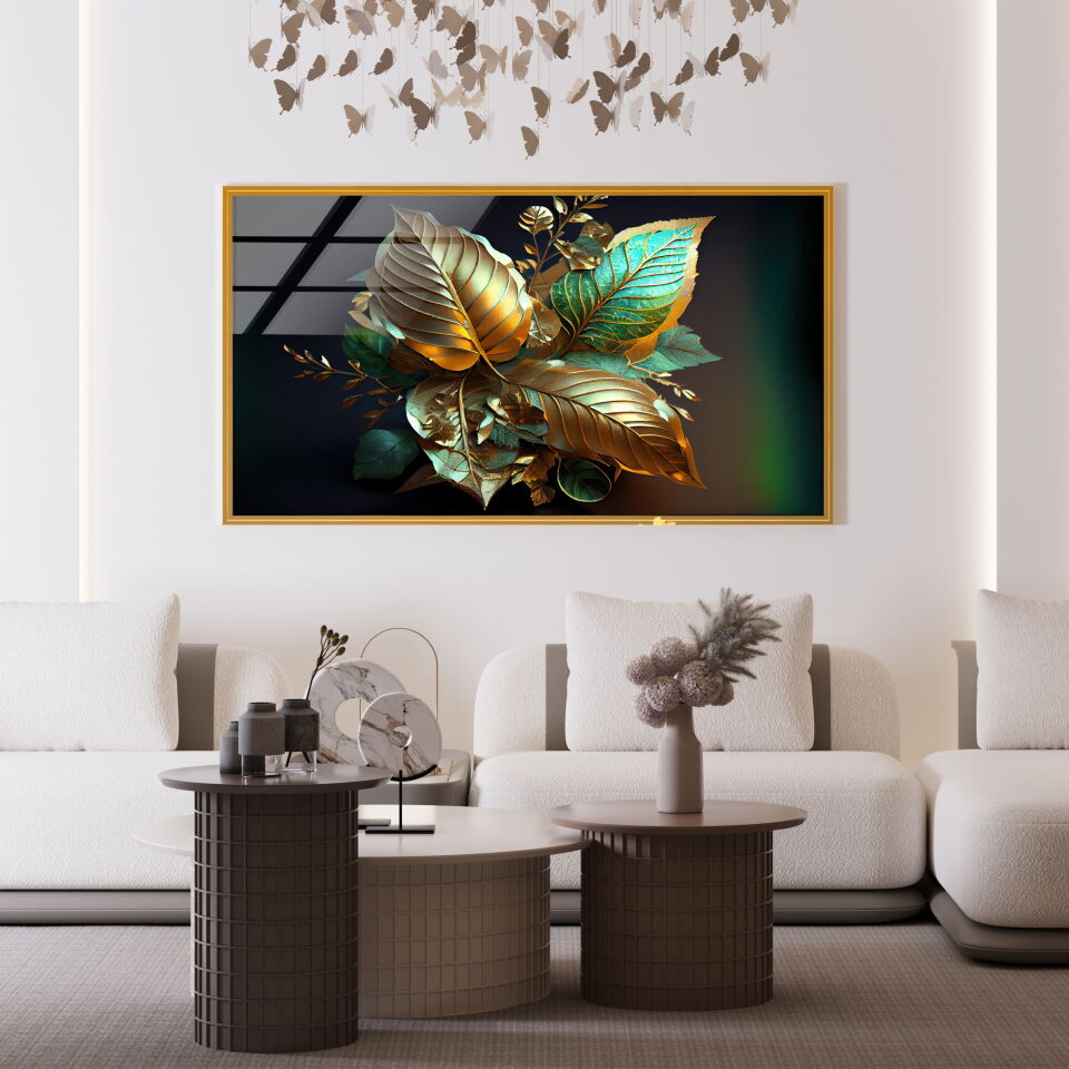Altın ve Zümrüt Renkli Yaprak Tasarımlı 3D Etkili Modern Cam Tablo | CF0689