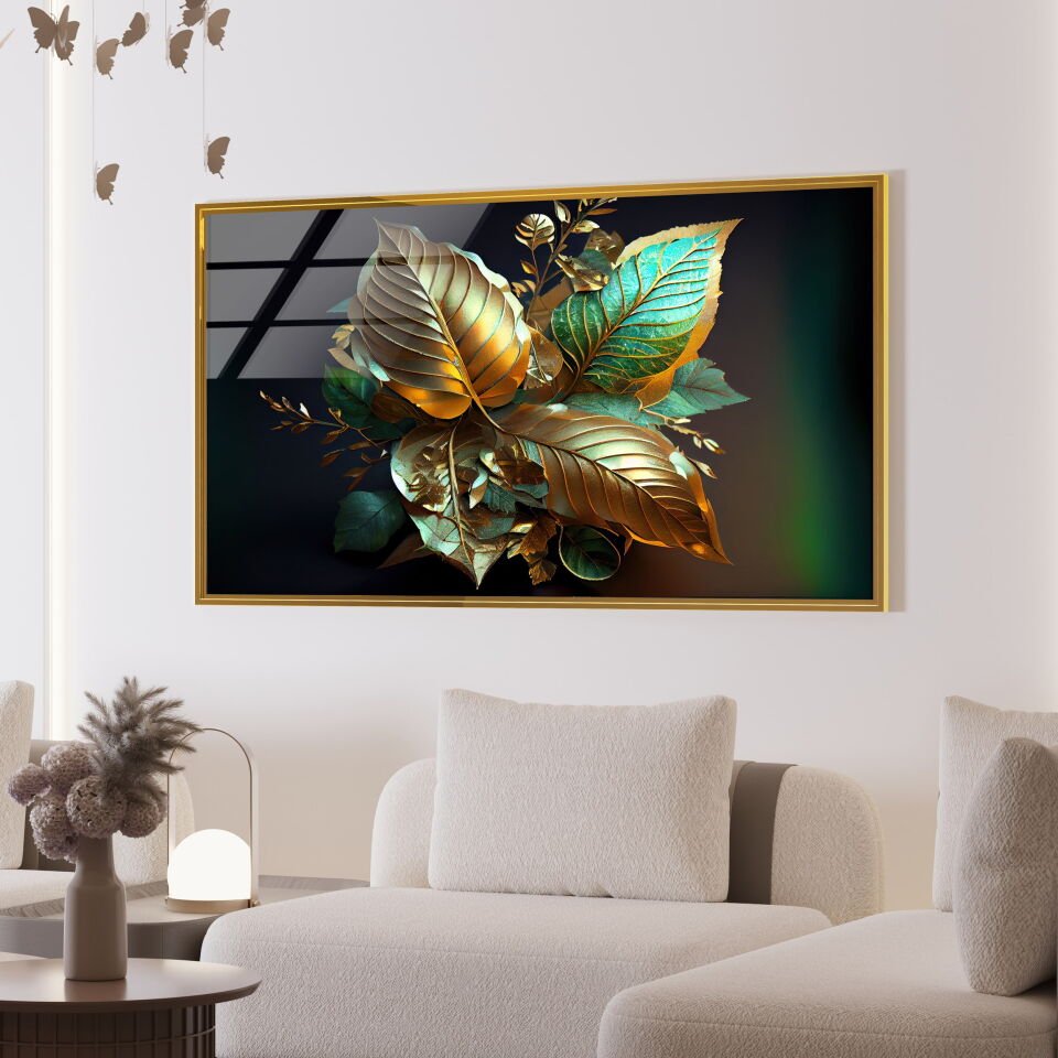Altın ve Zümrüt Renkli Yaprak Tasarımlı 3D Etkili Modern Cam Tablo | CF0689