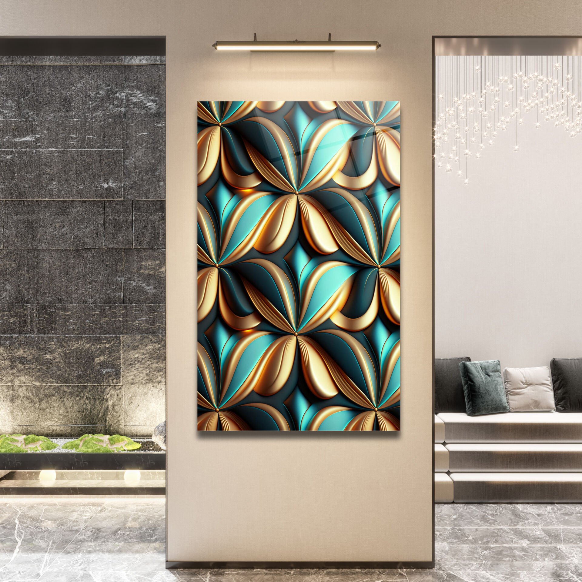 Yeşil ve Altın Geometrik Desenli Modern Cam Tablo | CF1147
