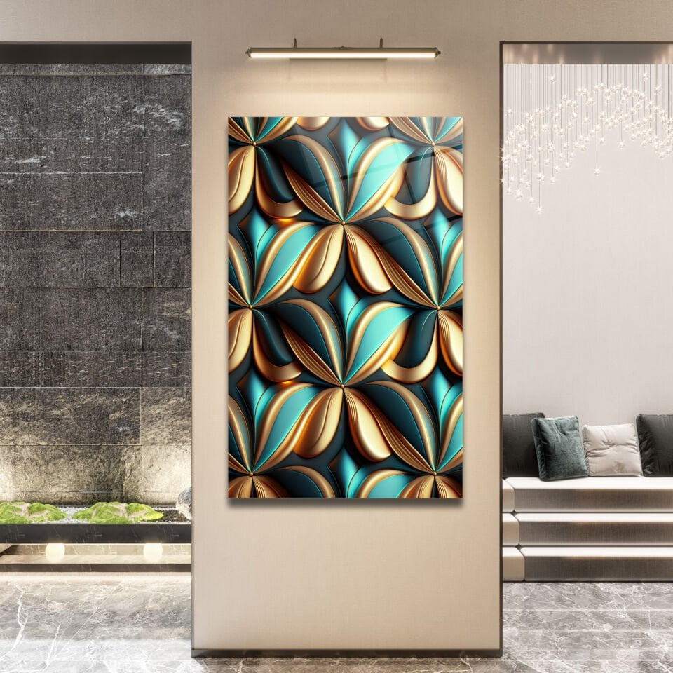 Yeşil ve Altın Geometrik Desenli Modern Cam Tablo | CF1147