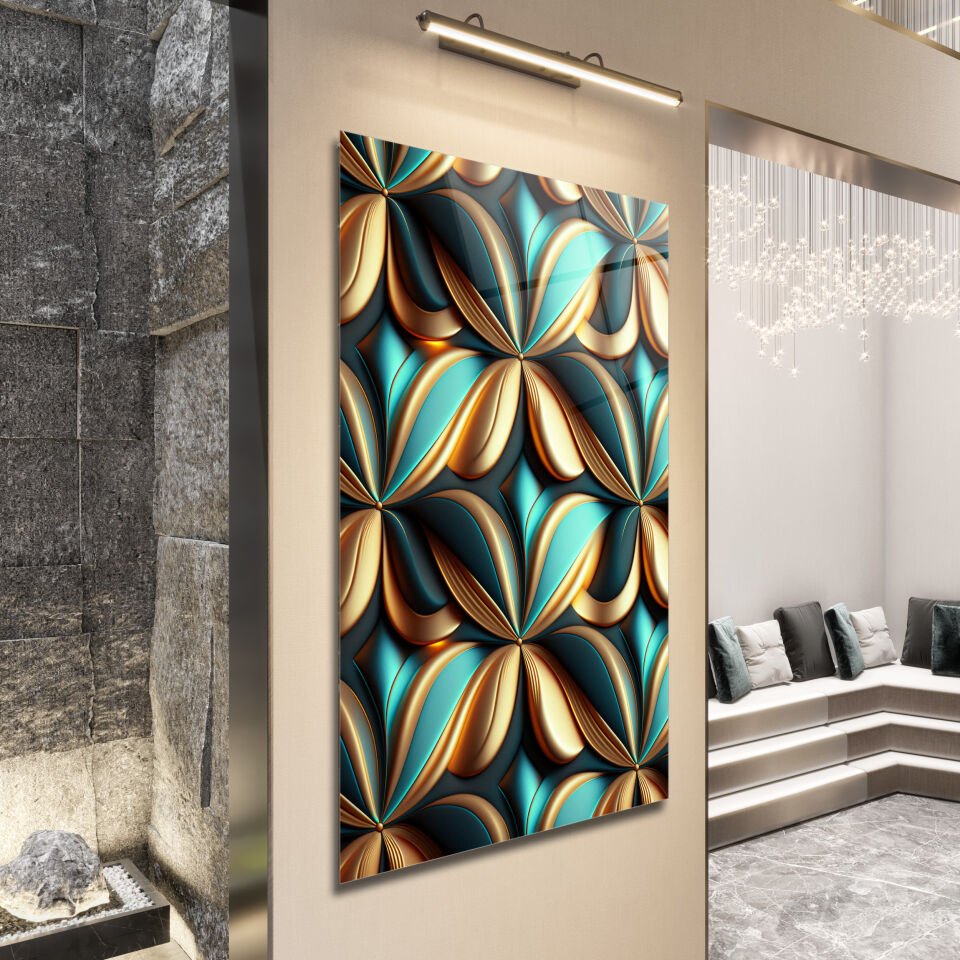 Yeşil ve Altın Geometrik Desenli Modern Cam Tablo | CF1147