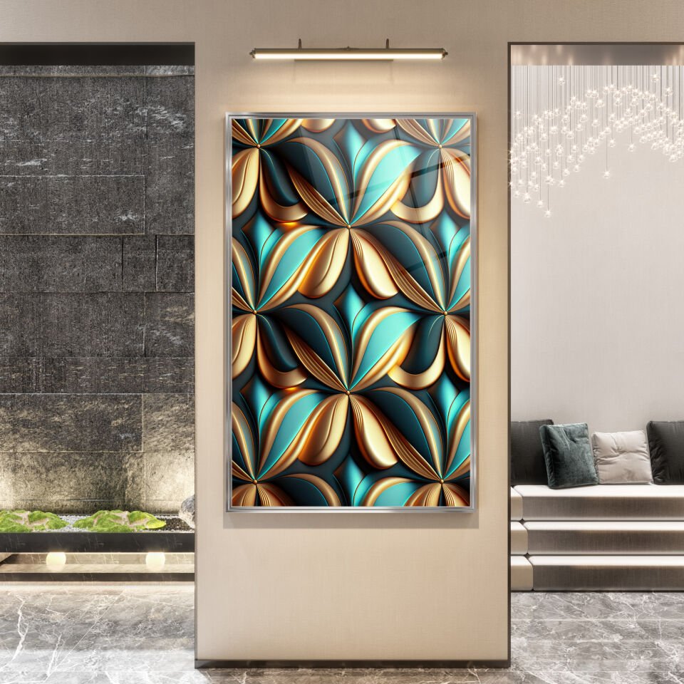 Yeşil ve Altın Geometrik Desenli Modern Cam Tablo | CF1147