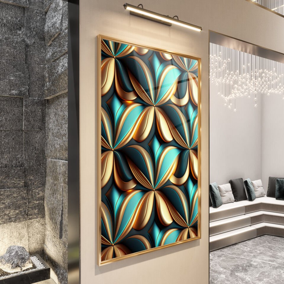 Yeşil ve Altın Geometrik Desenli Modern Cam Tablo | CF1147