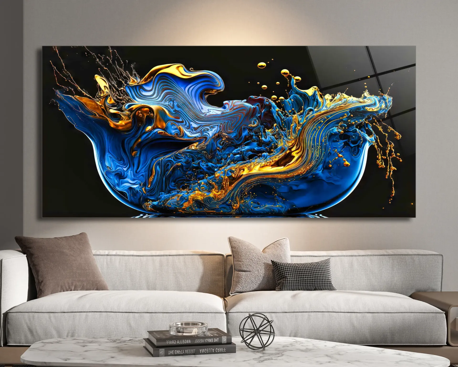 Mavi ve Altın Soyut Desenli Cam Tablo | Modern Sanatsal Dekor | CF0149