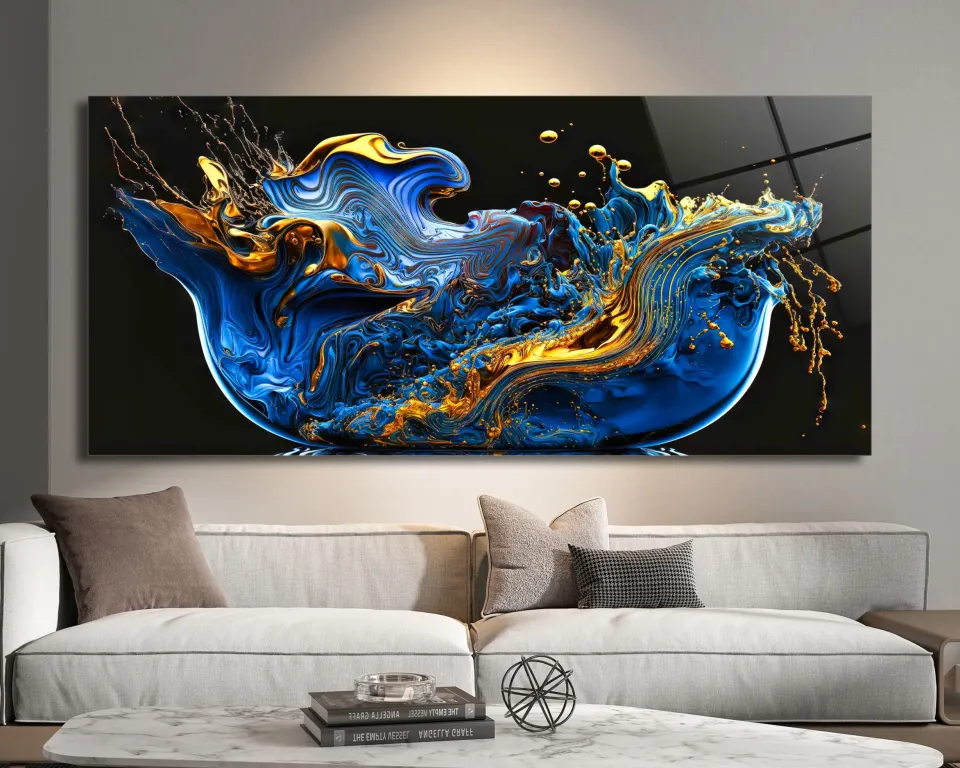 Mavi ve Altın Soyut Desenli Cam Tablo | Modern Sanatsal Dekor | CF0149
