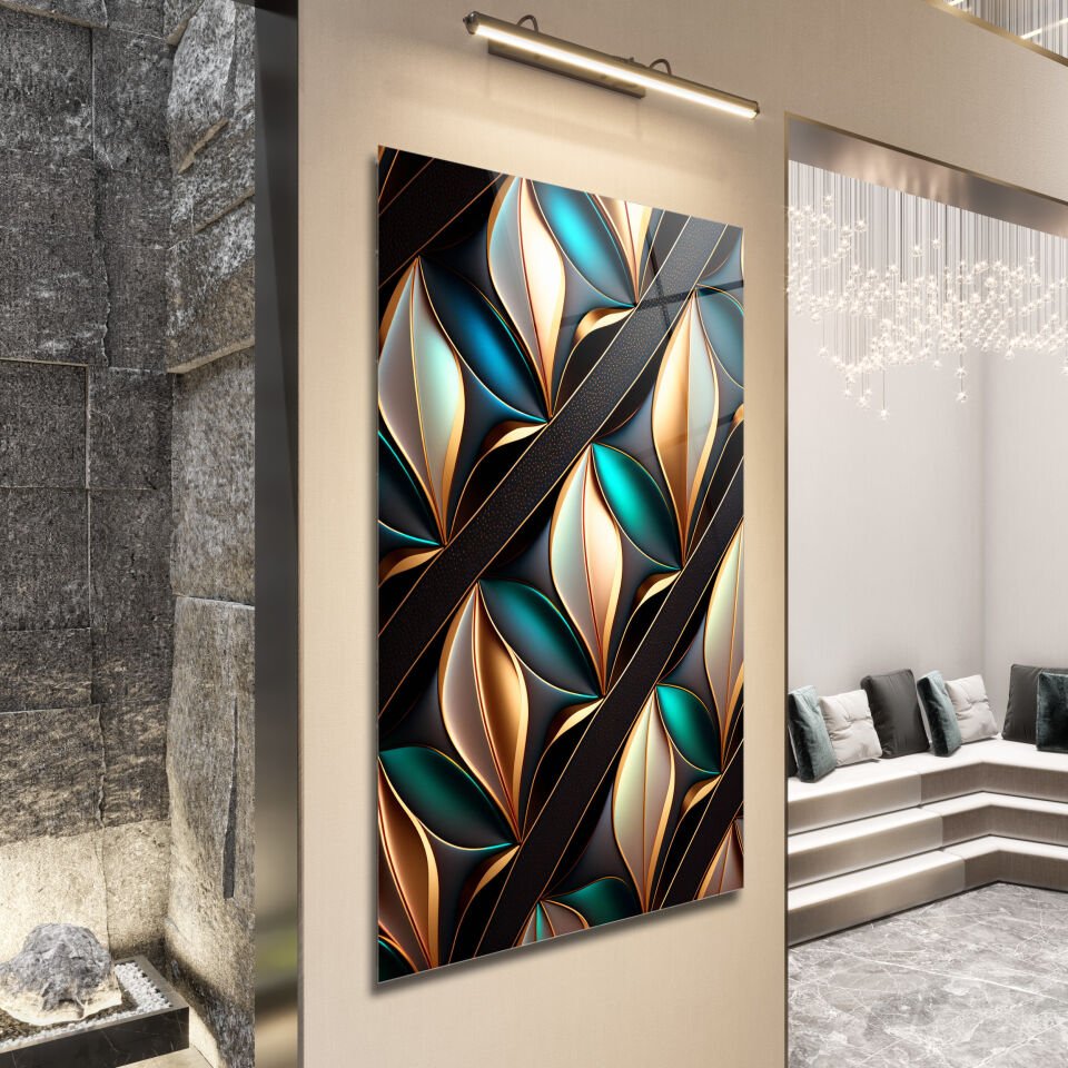 Yeşil ve Altın Geometrik Desenli Modern Cam Tablo | CF1148