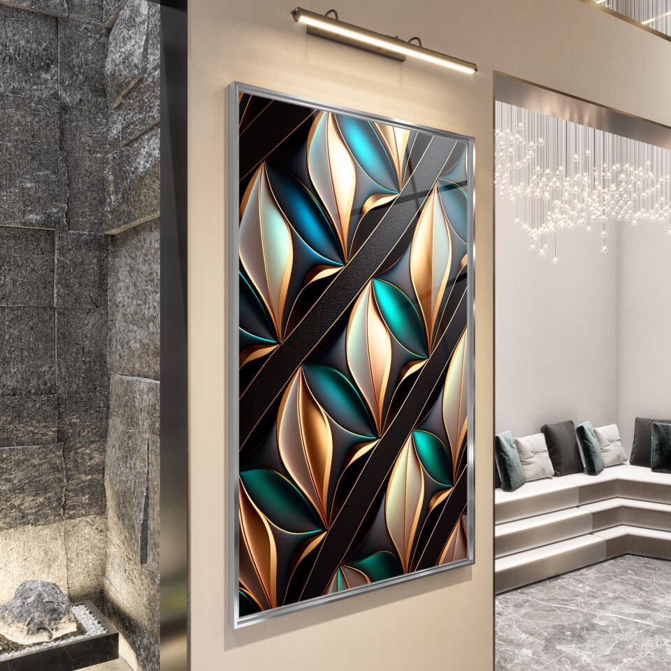 Yeşil ve Altın Geometrik Desenli Modern Cam Tablo | CF1148