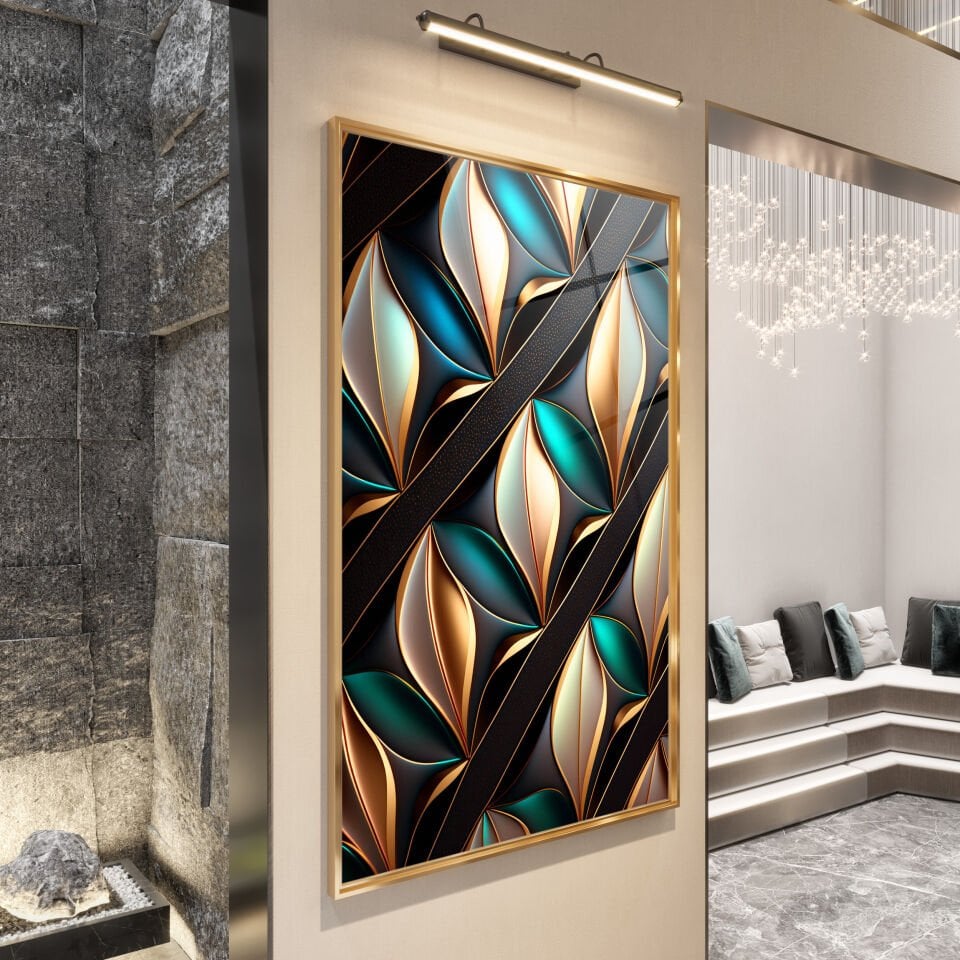 Yeşil ve Altın Geometrik Desenli Modern Cam Tablo | CF1148