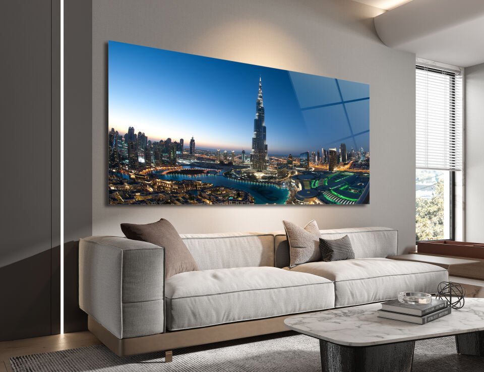 Dubai Gecesi Cam Tablo – Burj Khalifa’nın Işıltısıyla Şehre Yüksekten Bakış | CF0174
