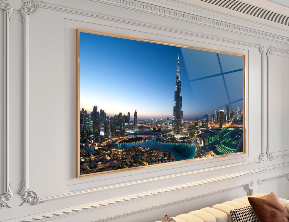 Dubai Gecesi Cam Tablo – Burj Khalifa’nın Işıltısıyla Şehre Yüksekten Bakış | CF0174