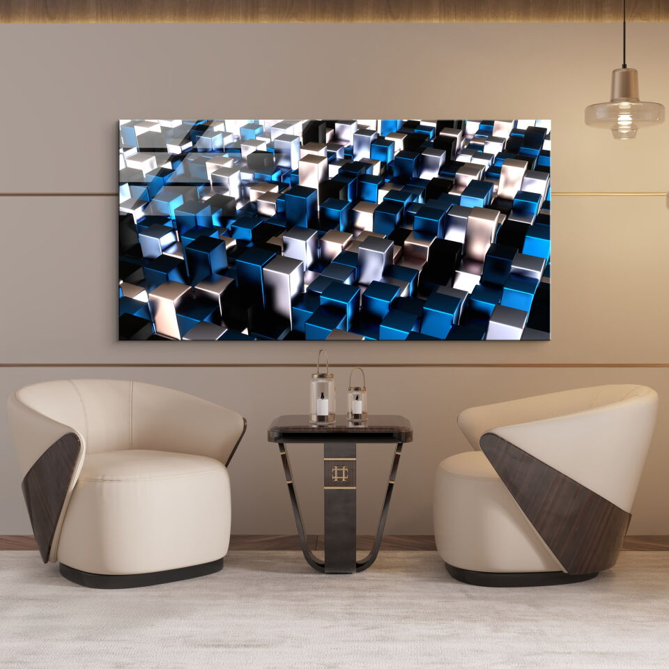 3D Metalik Küpler Desenli Modern Cam Tablo | CF0691