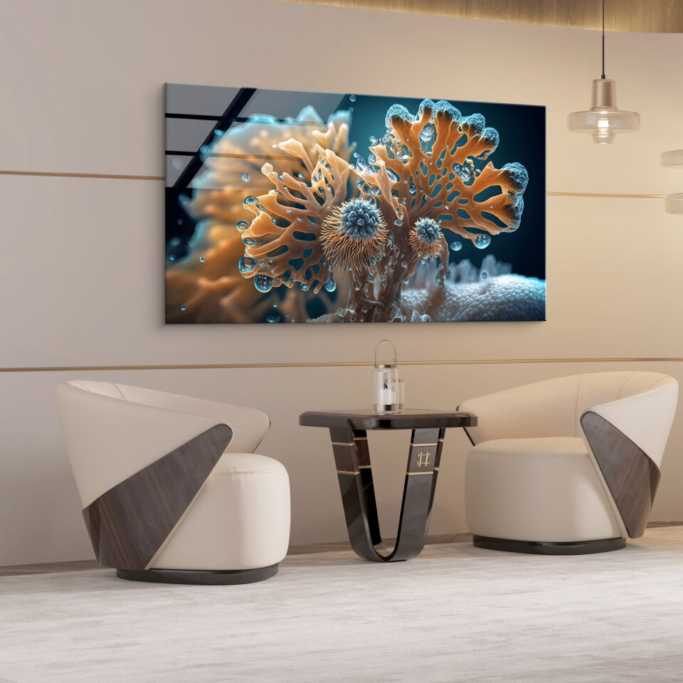Mikro Dünya Detayları: Sanatsal Su Damlası ve Bitki Formları Cam Tablo | CF0867