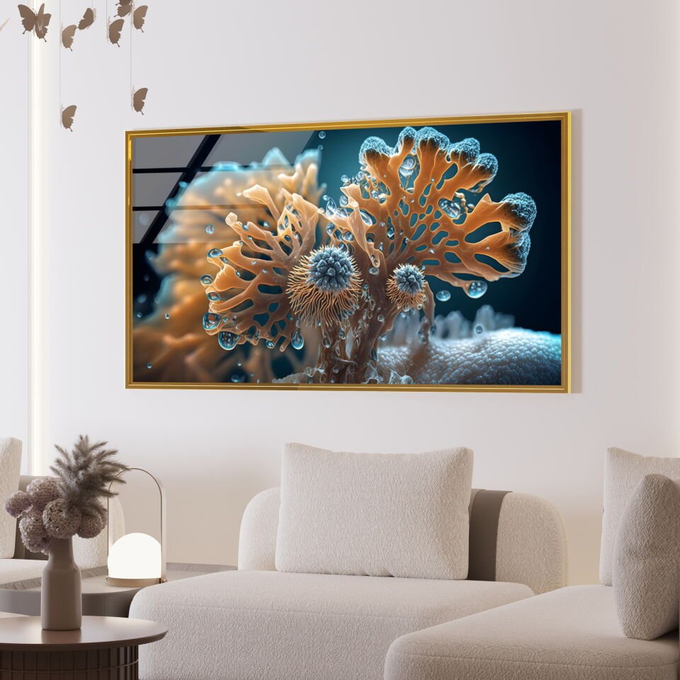 Mikro Dünya Detayları: Sanatsal Su Damlası ve Bitki Formları Cam Tablo | CF0867
