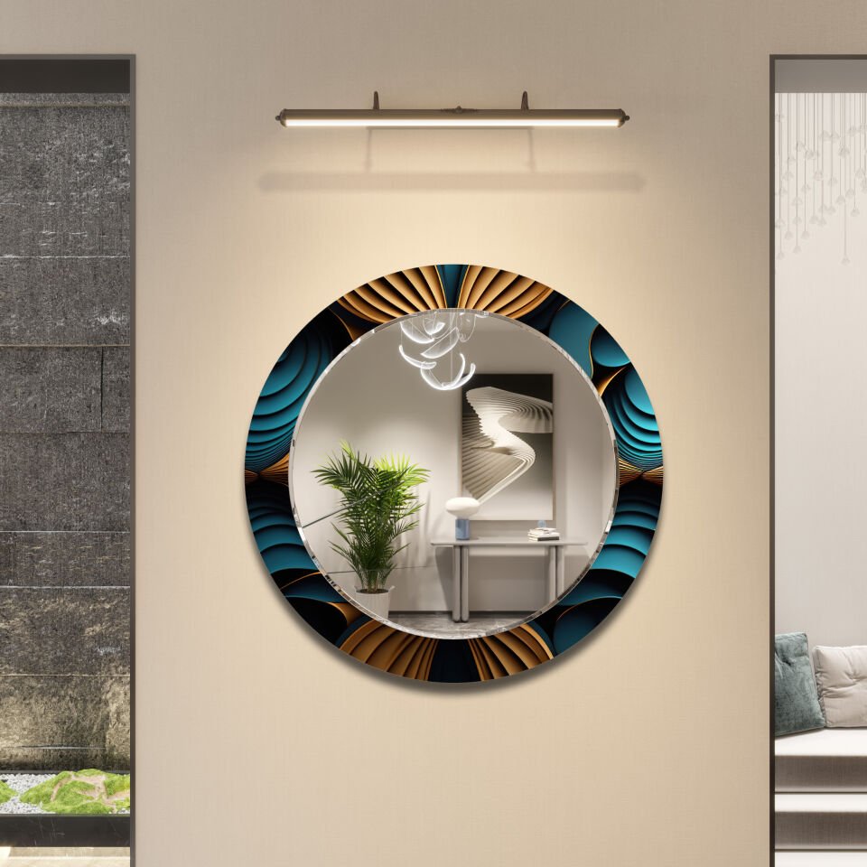 Dekoratif Modern Duvar Aynası - Lüks 3D Desenli Çerçeveli Tasarım | CFM-0039-YUVARLAK